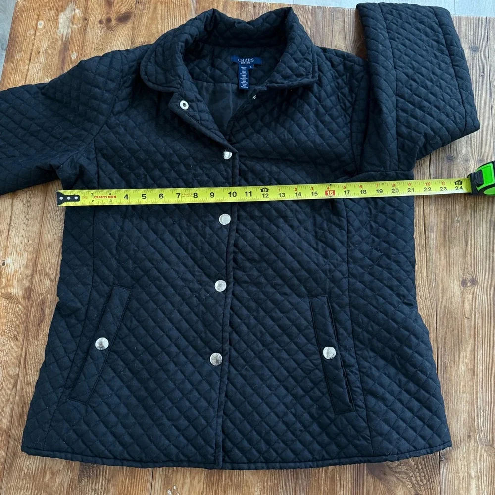 Chaps Black Quilted Diamond Stitch Snap Front Minimalist Jacket Womens Large EUC